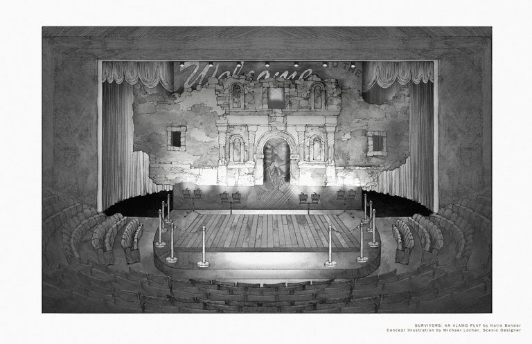 Concept illustration for Alamo Play (2020) by Michael Locher, Scenic Designer and Director of Design, Alley Theatre, Houston, TX.