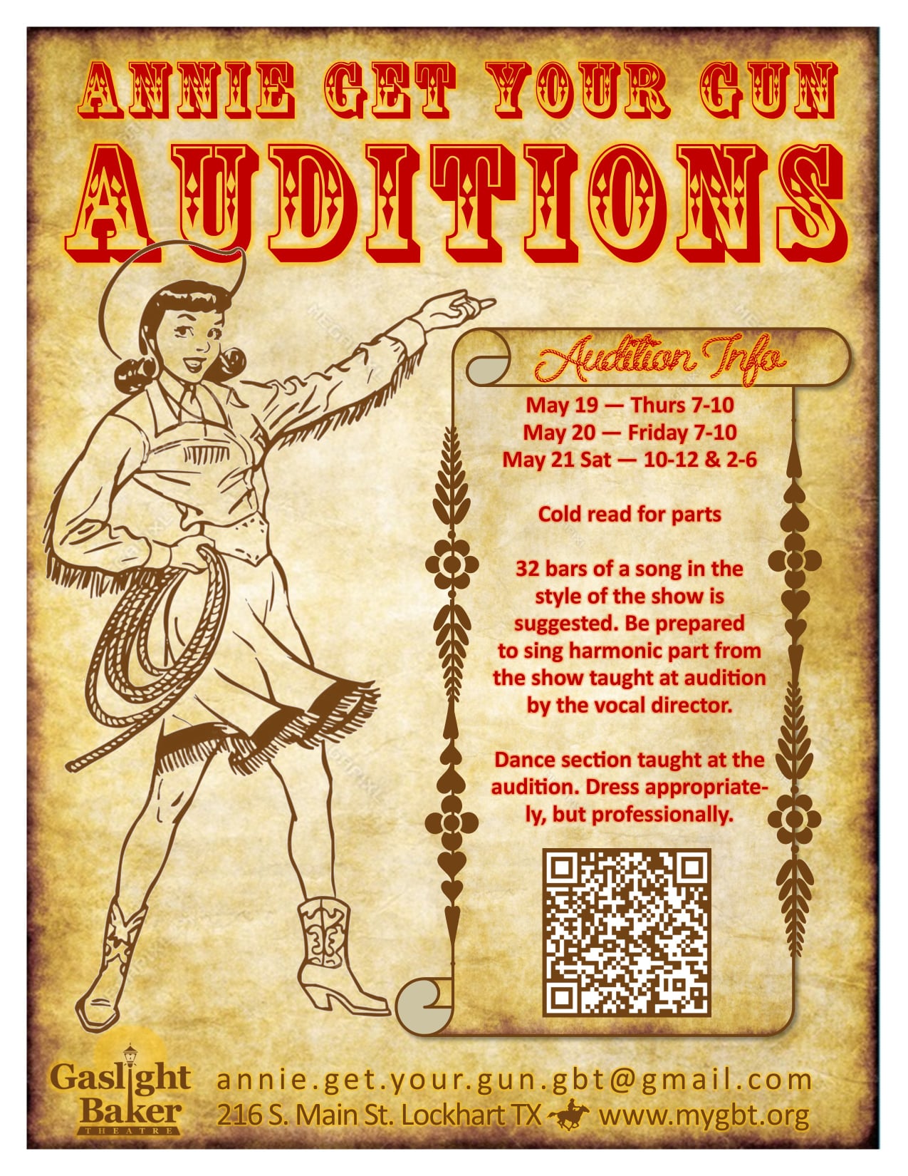 Auditions for Annie, Get Your Gun, by Gaslight Baker Theatre, Lockhart