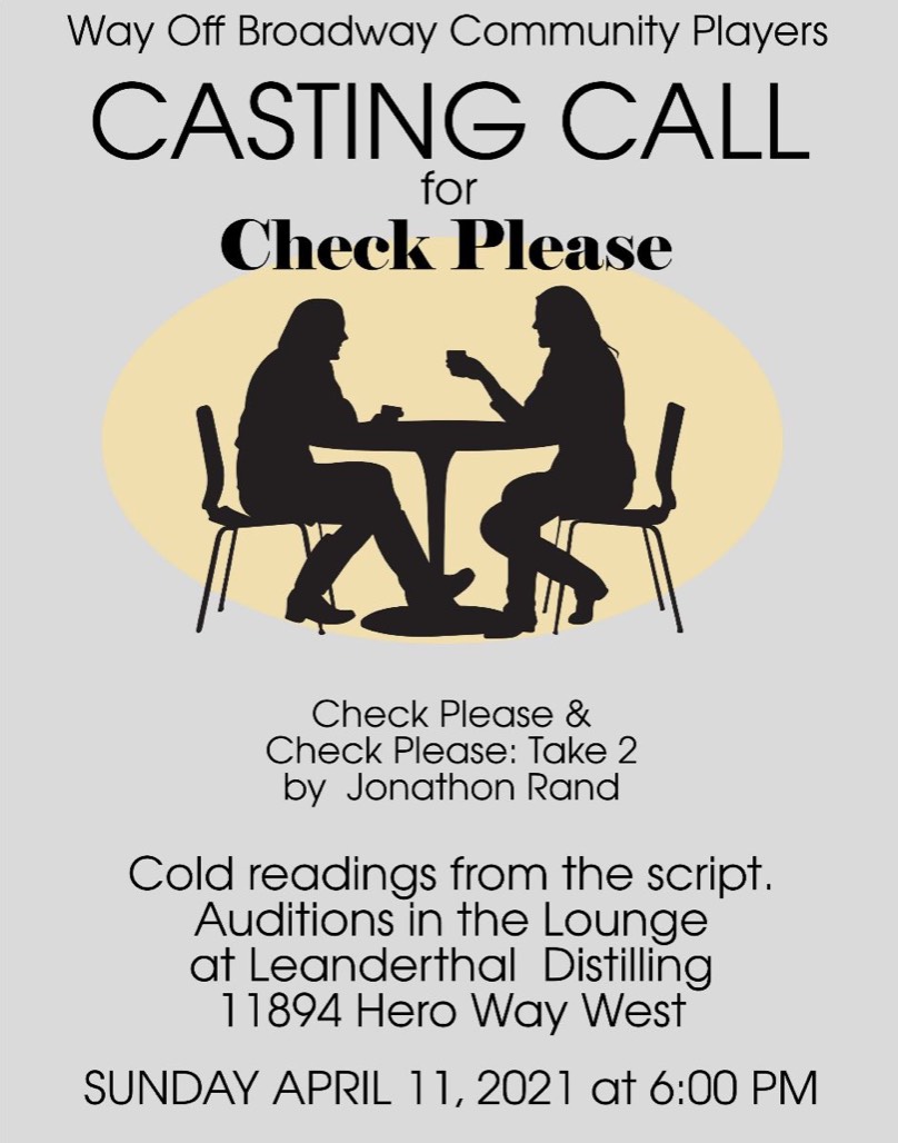 Auditions for Check, Please AND Check Please, Take 2, by Way Off Broadway Community Players