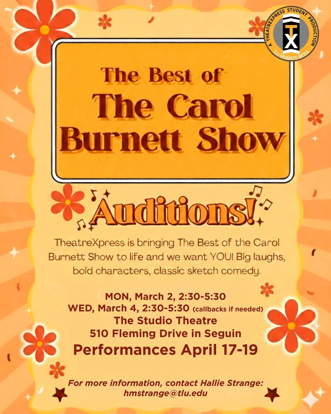 CTX4347. Auditions for The Best of the Carol Burnett Show, by Texas Lutheran University Dramatic Media, Seguin