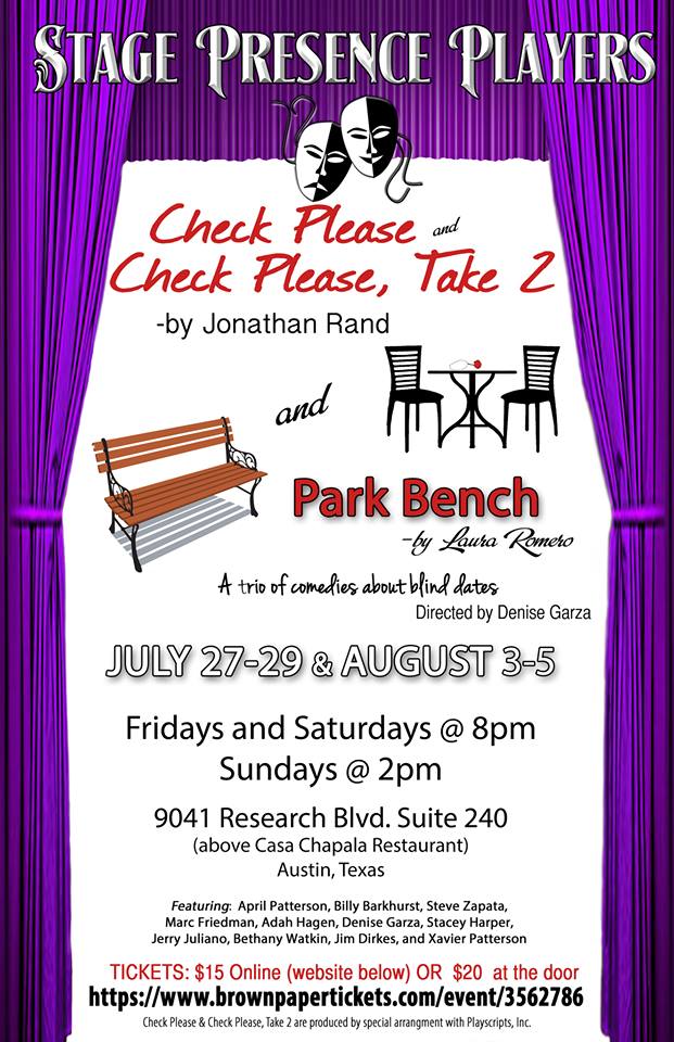Check, Please; Check Please, Take 2; AND Park Bench by Stage Presence Players
