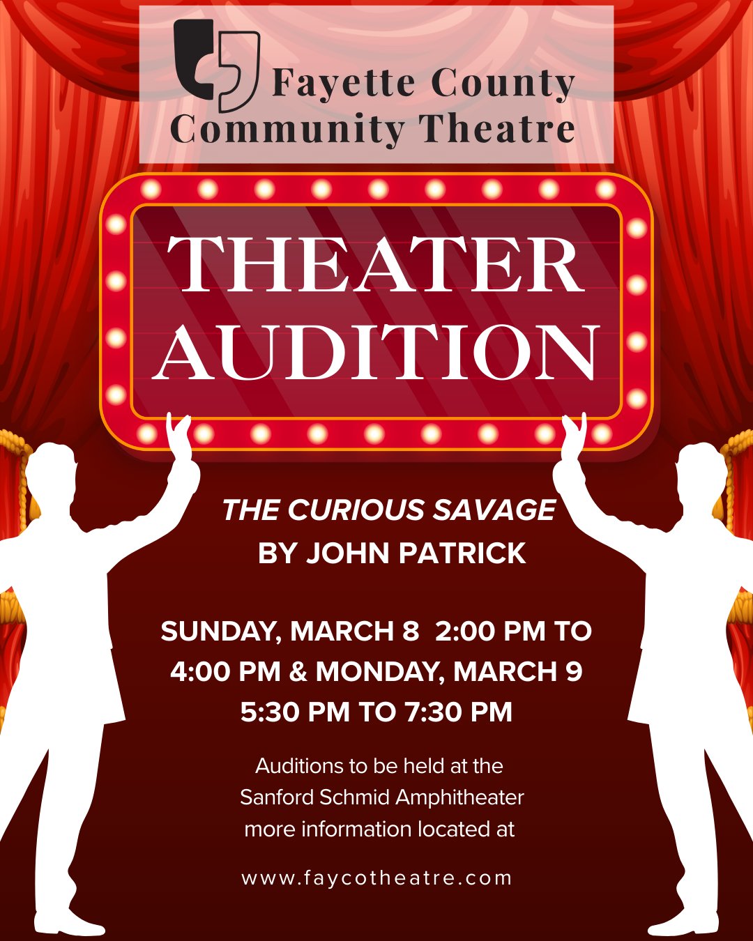 CTX4355. Auditions for The Curious Savage, by Fayette County Community Theatre (FCCT), La Grange