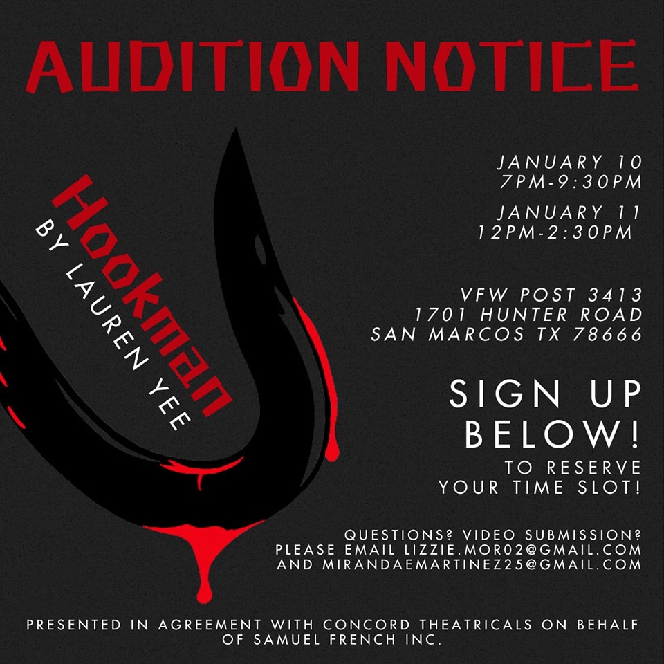 CTX3950. Auditions for Hookman, by Broke Thespian's Theatre Company, San Marcos