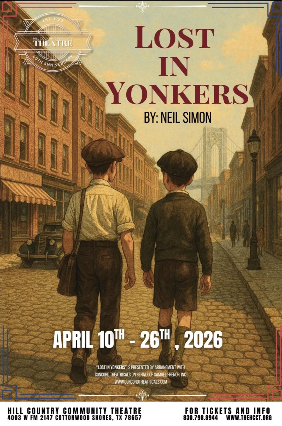 CTX4277. Auditions for Lost in Yonkers, by Hill Country  Community Theatre (HCCT), near Marble Falls