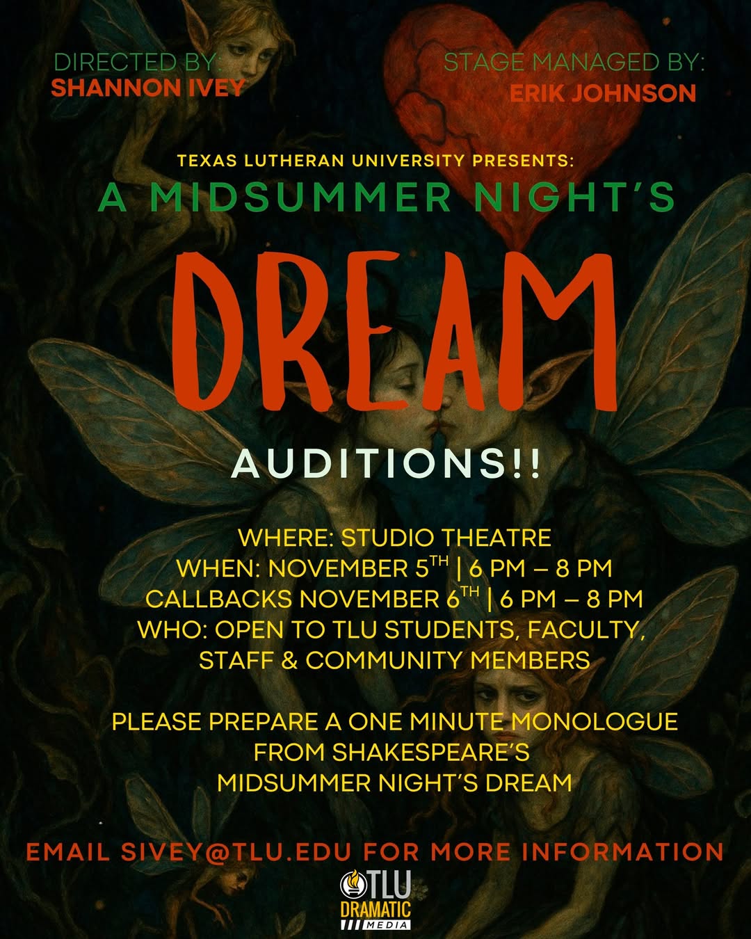 CTX4219. Auditions for A Midsummer Night's Dream, by Texas Lutheran University Dramatic Media, Seguin