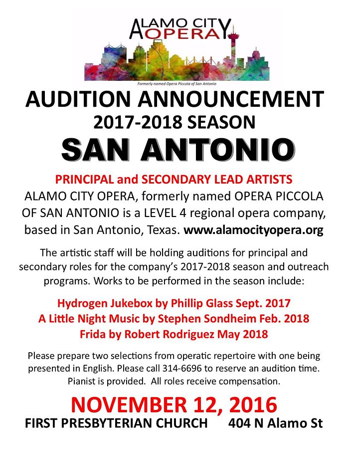 Auditions for 2017-2018 Alamo City Opera Season: HYDROGEN JUKEBOX, A LITTLE NIGHT MUSIC, FRIDA, November 12, 2016