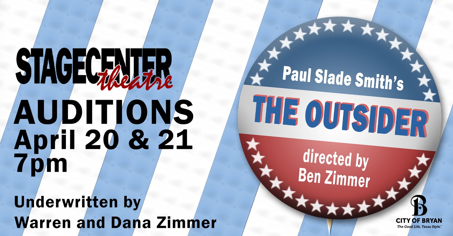 CTX4393. Auditions for The Outsider, by StageCenter Community Theatre, Bryan