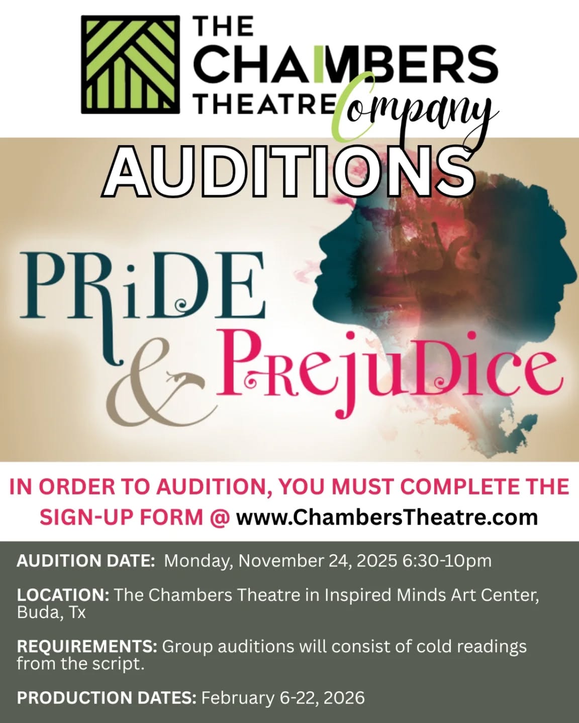 CTX2244. Auditions for Pride and Prejudice (Munsil), by Chambers Theatre Company, Buda