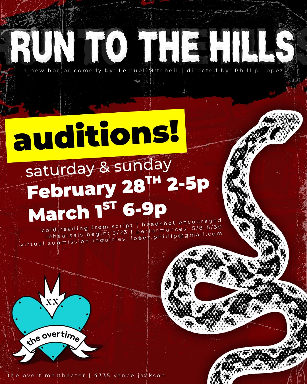 Auditions for Run to the Hills, by Overtime Theater, San Antonio