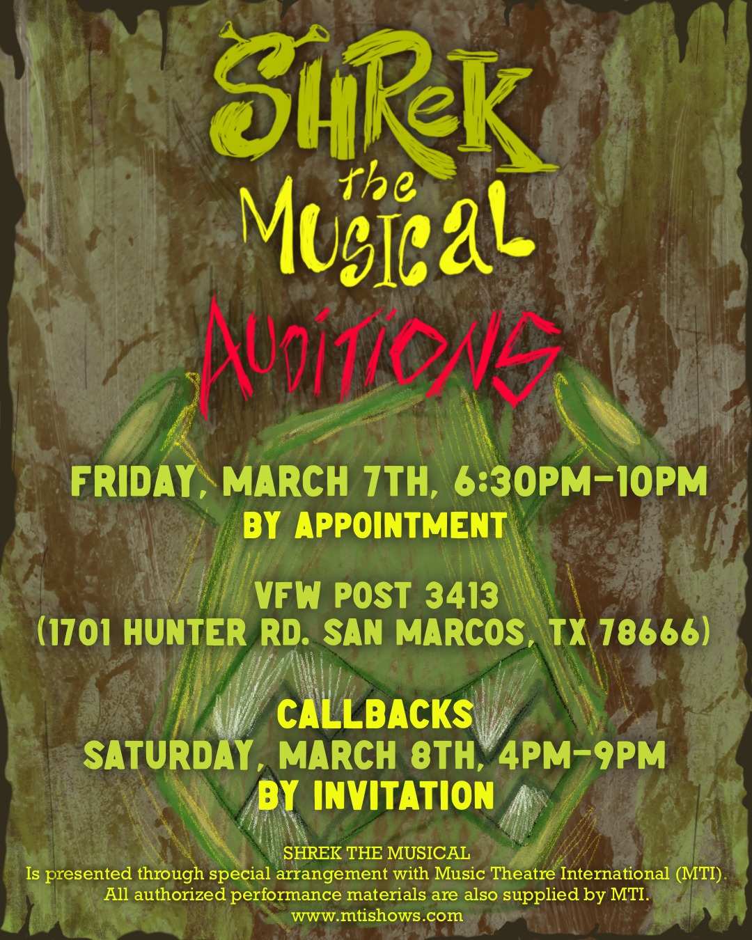 CTX4006. Auditions for Shrek The Musical, by Broke Thespian's Theatre Company, San Marcos