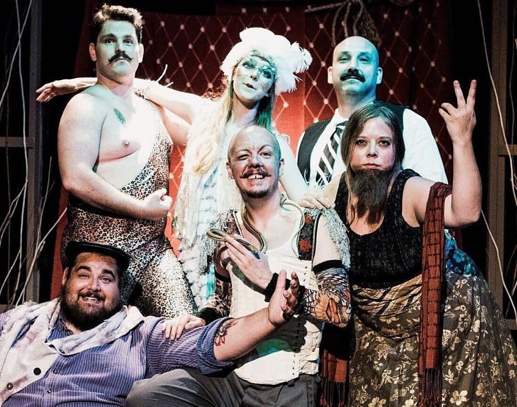 Levi Gore as Bottom, upper left, with City Theatre's other rude mechanicals (photo: Aleks Ortynski)